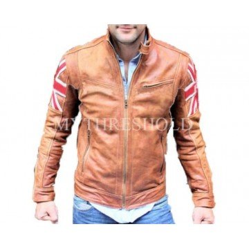 Mens Biker Vintage Motorcycle Tan Brown Cafe Racer UK Flag Real Leather Jacket