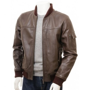 Men's Black And Dark Brown Classic Elegant Leather Bomber Jacket