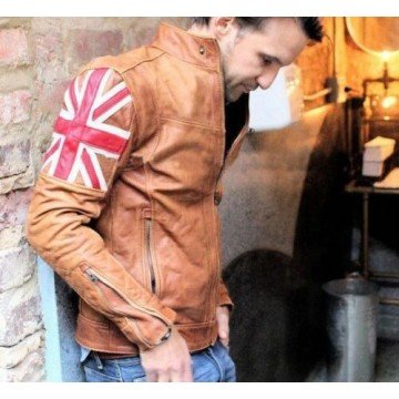 Mens Biker Vintage Motorcycle Tan Brown Cafe Racer UK Flag Real Leather Jacket