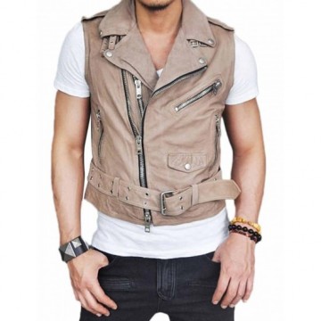 Men's Belted Asymmetrical Zipper Leather Vest