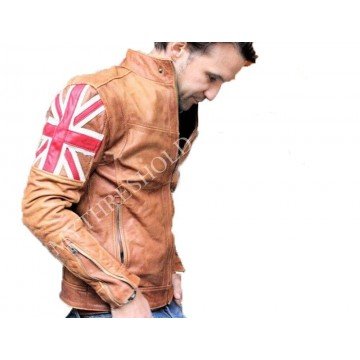 Mens Biker Vintage Motorcycle Tan Brown Cafe Racer UK Flag Real Leather Jacket