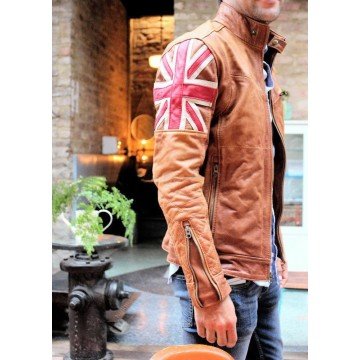Mens Biker Vintage Motorcycle Tan Brown Cafe Racer UK Flag Real Leather Jacket