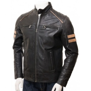 Men's Cafe Racer Striped Four Pockets Leather Biker Jacket