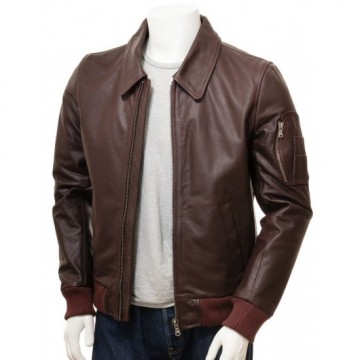 Men's Dark Brown & Red Leather Bomber Jacket