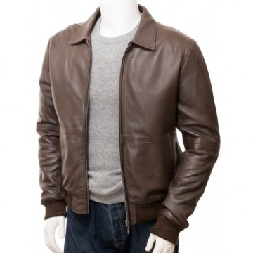 Men's Classic Shirt Collar Leather Bomber Jacket