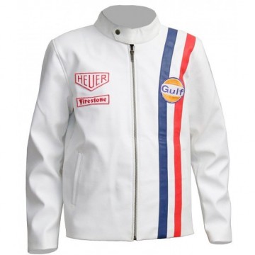 Men's Steve McQueen Le Mans Gulf Racing White Leather Jacket