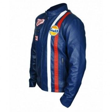 Men's Steve McQueen Le Mans Gulf Racing Blue Leather Jacket Men's Steve McQueen Le Mans Gulf Racing Blue Leather Jacket