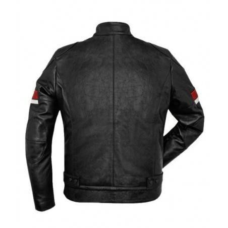 Men’s Black Leather Red and White Striped Cafe Racer Jacket