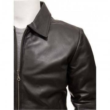 Mens Classic Shirt Collar Real Leather Black Bomber Jacket