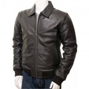 Mens Classic Shirt Collar Real Leather Black Bomber Jacket