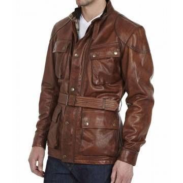 Men’s Motorcycle Belted Waxed Leather Jacket