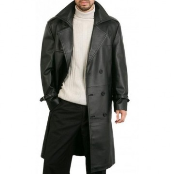 Augusta Guys Black Double Breasted Leather Overcoat