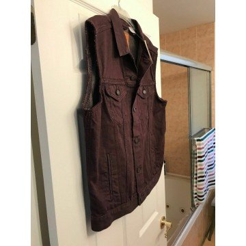Trucker Jacket Vest Burgundy Denim Cut Off Vest - Hipster Punk Trucker Jacket Vest Burgundy Denim Cut Off Vest - Hipster Punk
