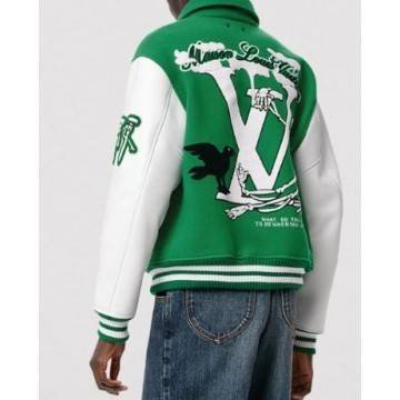 Mens Green LV Varsity Leather Jacket