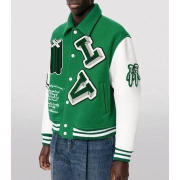 Mens Green LV Varsity Leather Jacket