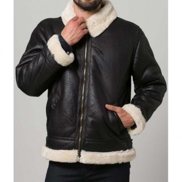 Men's Black Aviator Faux Shearling Leather Jacket