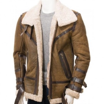 Men's Aviator Sheepskin Leather Faux Shearling Brown Jacket