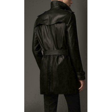 Leather Trench Long Coat For Men's Genuine Lambskin Raincoat Overcoat