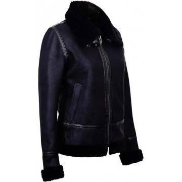 Women's Black Aviator Biker Genuine Sheepskin Leather Jacket