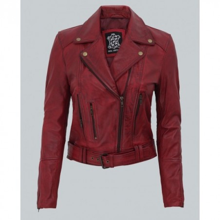 Elisa Women's Maroon Leather Motorcycle Jacket