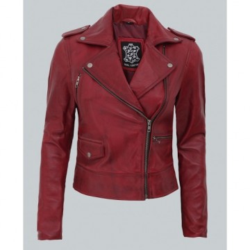 Amber Women's Moto Maroon Asymmetrical Leather Jacket