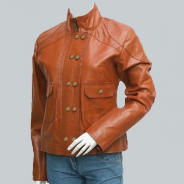 Reefer Look Women Tan Leather Jacket