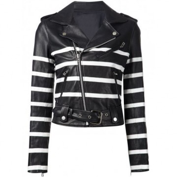 Women's Black and White Striped Leather Biker Jacket
