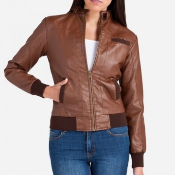 Women Coco Brown Leather Bomber Jacket