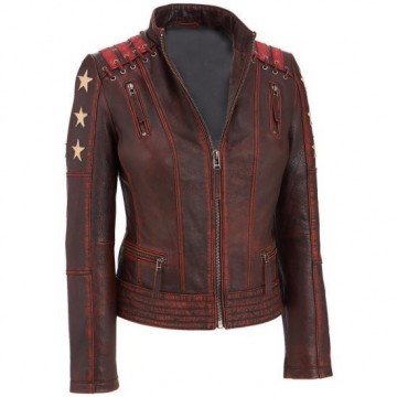 Women's Distressed Star Wars Vintage Stripes Style Cafe Racer Leather Jacket Women's Distressed Star Wars Vintage Stripes Style Cafe Racer Leather Jacket