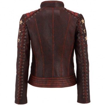 Women's Distressed Star Wars Vintage Stripes Style Cafe Racer Leather Jacket Women's Distressed Star Wars Vintage Stripes Style Cafe Racer Leather Jacket