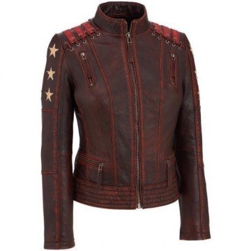 Women's Distressed Star Wars Vintage Stripes Style Cafe Racer Leather Jacket