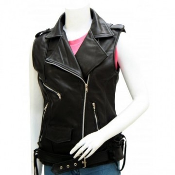 Women's Classical Black Leather Biker Vest