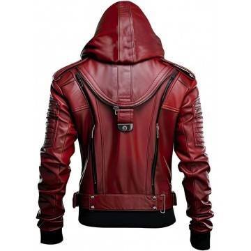 Men’s Red Genuine Leather Hooded Jacket