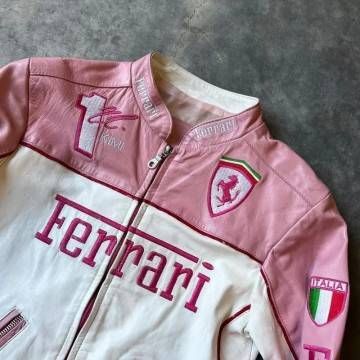 Unisex Pink Ferrari Leather Jacket F1