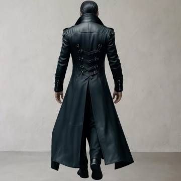 Gothic Steampunk Men’s Black Leather Trench Coat