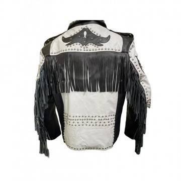 Men’s Black & White Genuine Leather Fringe Jackett