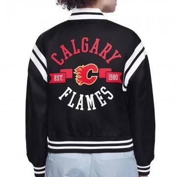 Calgary Flames Printed Logo Varsity Black Satin Jacket