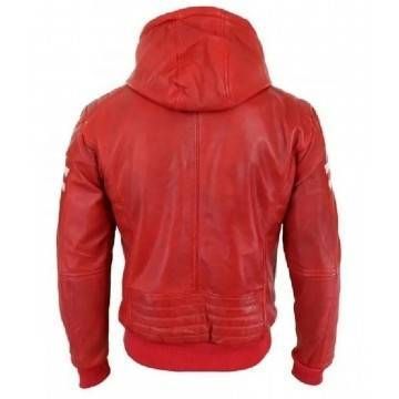 Men's Bomber Red Leather Biker Hooded Jacket