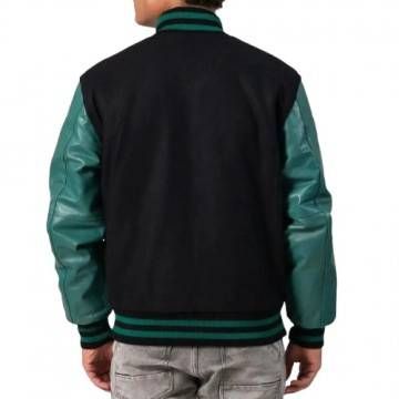 Black Melton Wool & Teal Leather Letterman Jacket