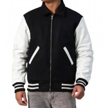 Black & White Leather Sleeve Letterman Jacket