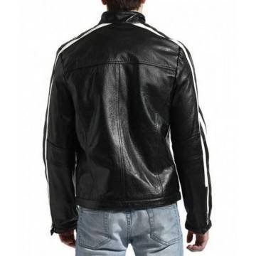 Biker Men's White Stripes Black Leather Jacket