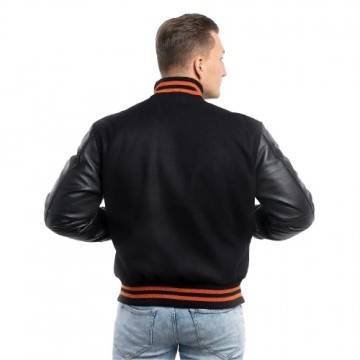 Black Wool and Leather Letterman Jacket with Orange Stripes Black Wool and Leather Letterman Jacket with Orange Stripes