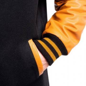Black Wool and Old Gold Leather Letterman Coat