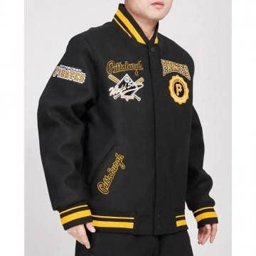 Pittsburgh Pirates Crest Emblem Black Wool Varsity Jacket Pittsburgh Pirates Crest Emblem Black Wool Varsity Jacket