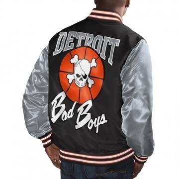 Detroit Bad Boys Black & Gray Varsity Satin Jacket Detroit Bad Boys Black & Gray Varsity Satin Jacket