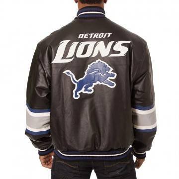 Detroit Lions Striped Varsity Black Leather Jacket