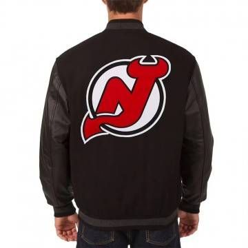 New Jersey Devils Varsity Black Wool & Leather Jacket New Jersey Devils Varsity Black Wool & Leather Jacket