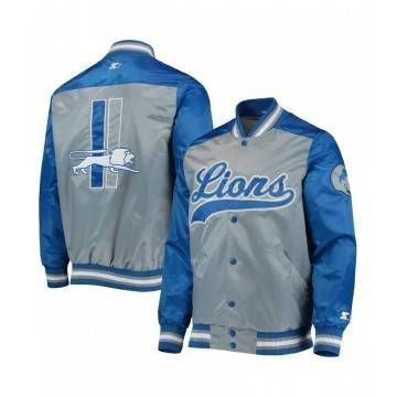 Detroit Lions The Tradition II Grey and Blue Varsity Satin Jacket