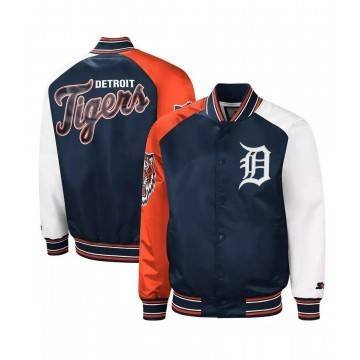 Detroit Tigers Reliever Satin Raglan Full-Snap Blue Orange Jacket Detroit Tigers Reliever Satin Raglan Full-Snap Blue Orange Jacket