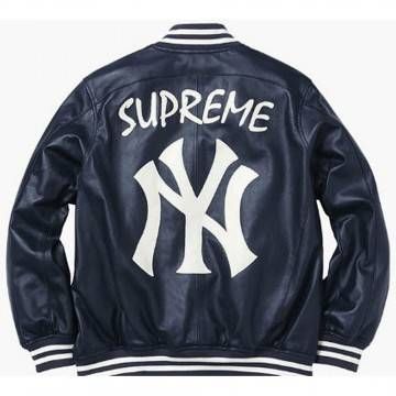 Supreme NY Yankees Varsity Navy Blue Leather Jacket